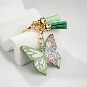 Frischer Grüner Acryl Schmetterling Schlüsselanhänger Mit Blumenmuster Gold Metall Schlüsselring Doppel Quaste Tasche Anhänger Für Damen