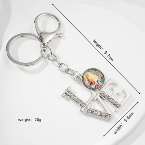 European style silver LOVE keychain with horse portrait gem and sparkling rhinestones