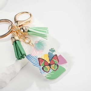 Tropical Butterfly Acrylic Keychain With Double Green Tassels Gold Plated Metal Clasp Colorful Butterfly Pattern Bag Charm For Women Accessories
