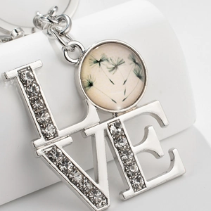 Vintage silver LOVE keychain with dandelion glass pendant and sparkling rhinestones