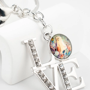 Silver LOVE keychain with sparkling rhinestones and colorful horse motif glass pendant
