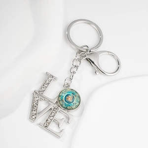 Silver metal LOVE keychain with sparkling rhinestones and mandala pattern pendant accessory