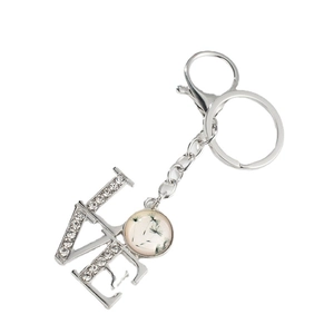 Vintage LOVE metal keychain with dandelion gem and sparkling crystal rhinestones