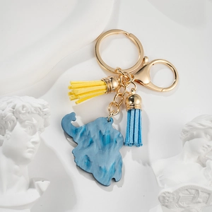 Golden elephant keychain with blue marble pattern pendant and colorful tassels decoration