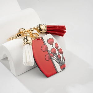Porte-Clés Pendentif Rectangulaire en Acrylique à Imprimé Floral Avec Franges Rouges Blanches Fermoir Homard en Alliage Doré