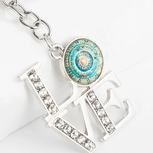 Silver LOVE keychain with mandala glass pendant and sparkling rhinestones for yoga lovers