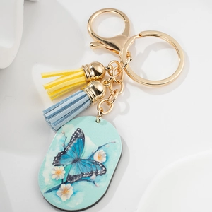 European Style Color Printed Butterfly Keychain With Double Tassels For Mother's Day Gift Fashion Metal Keyring Pendant Accessory