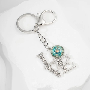 Silver mandala yoga glass pendant keychain with LOVE rhinestone charm on white stone