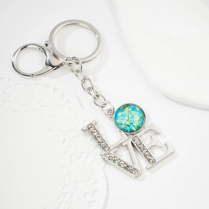 Daisy time gem silver LOVE keychain with Van Gogh almond blossom glass pendant design