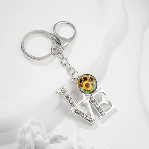 Silver LOVE sunflower keychain with crystal rhinestones and flower glass pendant charm