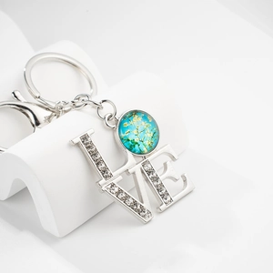 Mother's Day LOVE Letter Metal Keychain Van Gogh Almond Blossoms Glass Gem Rhinestone Pendant Car Bag Charm Keyring Gift