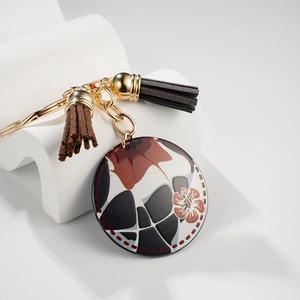 Modern Metal Round Pendant Keychain Hibiscus Monstera Pattern Double Suede Tassels Women Bag Hanging Accessory Charm