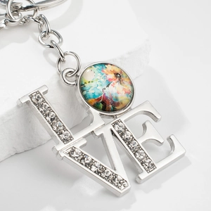 LOVE crystal keychain with rhinestone metal letters and floral art glass pendant charms