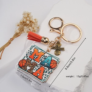 Basketball mama leather tassel keychain with leopard print acrylic charm for bags