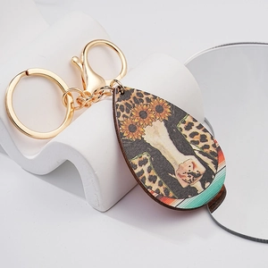Western Cow Sunflower Leopard Teardrop Keychain For Women Men Creative Metal Keyring Bag Pendant Decorative Accessory Gift