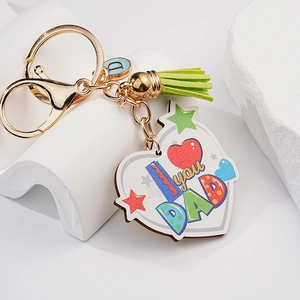 Father's Day Heart Shaped Keychain Metal Keyring With Leather Tassel Colorful I Love You DAD Print Bag Charm Pendant Gift