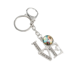 Silver LOVE keychain with sparkling rhinestones and colorful hummingbird art pendant