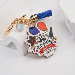 Creative Cartoon Happy Father's Day Keychain With Blue Tassel Letter D Pendant Metal Acrylic Key Ring Pendant For Father Gift