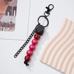 Handmade wooden bead keychain with red plaid beads and black metal chain accessory