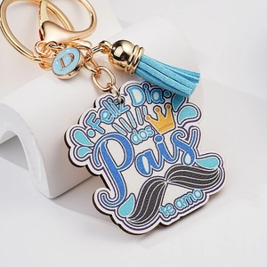 Porte-clés en bois fête des pères avec pompon bleu et texte Feliz Dia dos Pais