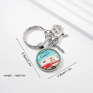 Silver camping keychain with Happy Camper glass pendant and metal caravan charm