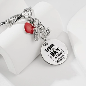 Détail du porte-clés pour enseignant avec pomme rouge, hibou et pendentif rond gravé