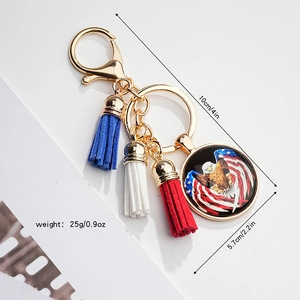 Detailed size specifications of the patriotic eagle and flag keychain with suede tassels