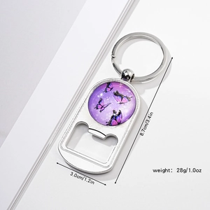 Close-up of butterfly print bottle opener keychain with size specs 8.7cm x 3.0cm
