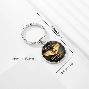 Detail of baby feet key ring with angel wings and memorial quote on glass dome
