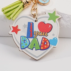 I Love You Dad heart keychain with green tassel and gold ring for Father's Day gift