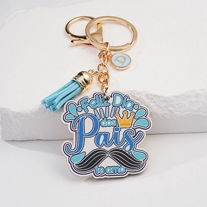 Porte-clés de fête des pères en bois avec pompon bleu et message Feliz Dia dos Pais
