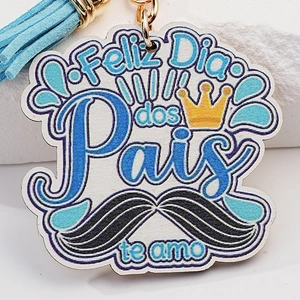 Porte-clés en bois fête des pères avec pompon bleu et texte Feliz Dia dos Pais te amo
