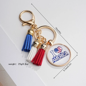 Detailed size view of I Love America metal keychain with colorful leather tassels