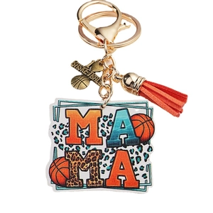 Customized Mama Basketball Keychain with acrylic plate and orange tassel pendant