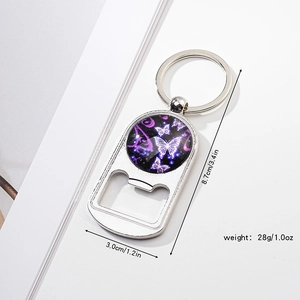 Colorful butterfly glass gem keychain bottle opener for bags and car keys, silver alloy finish