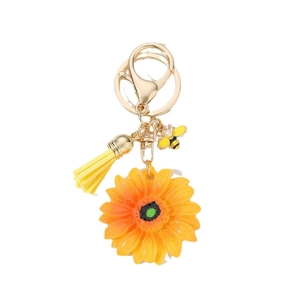Portachiavi girasole con nappa gialla e ciondolo ape su anello in metallo dorato