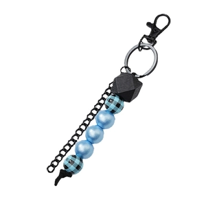 Handmade blue and black beaded keychain with plaid patterns and black lobster clasp