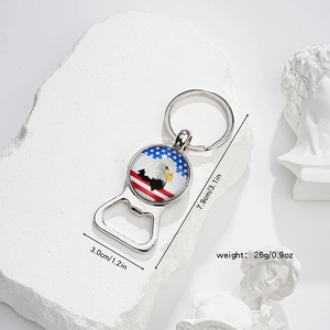 Detail of American flag eagle bottle opener keychain with size and weight specs
