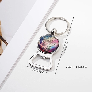 Detailed view of silver bottle opener keychain with size specs 3.0cm by 7.9cm