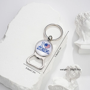 Polished metal bottle opener keychain with I Love America flag design on white stone base