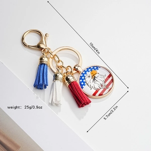 Patriotic USA flag eagle glass dome keychain with red white and blue tassels