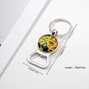 Sunflower bottle opener keychain dimensions: 7.9cm length and 3.0cm width, silver metal design