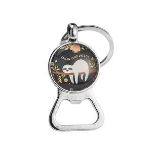 Silver bottle opener keychain with sloth illustration and Follow Your Dreams text