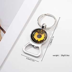Detailed view of sunflower bottle opener keychain showing 7.9cm x 3.0cm dimensions