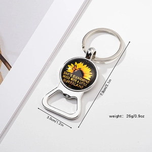 Polished sunflower bottle opener keychain with size details on white background
