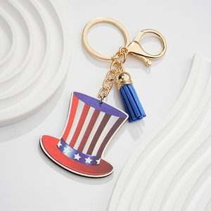 Porte-Clés en Bois Drapeau Américain Avec Gland Bleu Motif Étoiles et Rayures Anneau en Métal Pour Fête de l'Indépendance