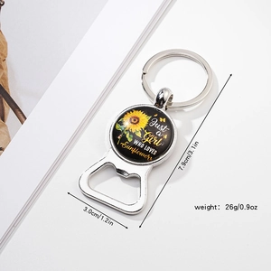 Sunflower glass dome keychain bottle opener with 7.9cm length and silver finish