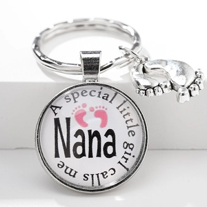 Silver metal baby footprint keychain with Nana special little girl time gem pendant