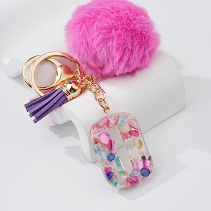 Carino Portachiavi Pompon Rosa Pendente Numero Resina Floreale Con Nappina Anello Metallo Dorato per Donna Ragazza Ciondolo Borsa Regalo
