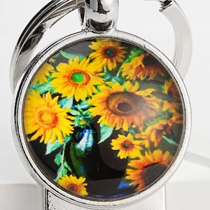 Sunflower glass dome keychain with a silver alloy frame and a creative bottle opener feature